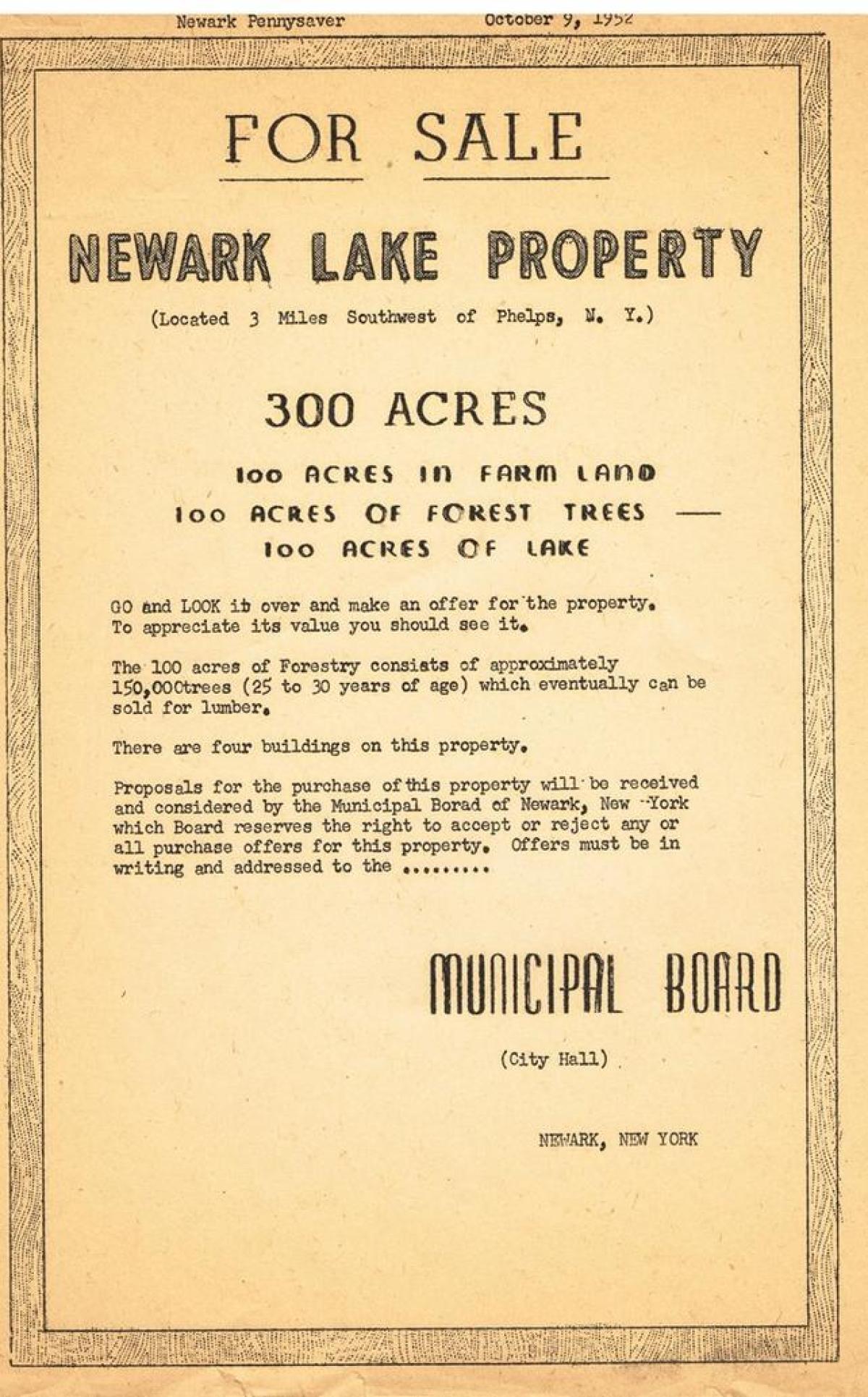Old advertisement for sale of Newark Lake